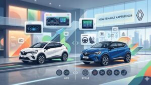 Современный кроссовер Renault Kaptur 2026 года в профиль на светлом фоне для обзора комплектаций